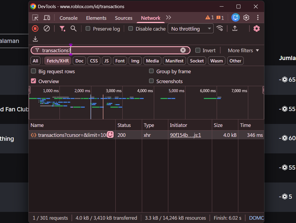 Filter transactions di Network tab